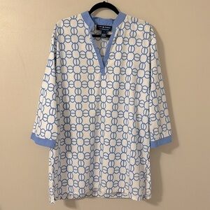 Cape Madras Cotton White & Lt Blue Tunic Top Coverup Sz Large Resortwear Preppy